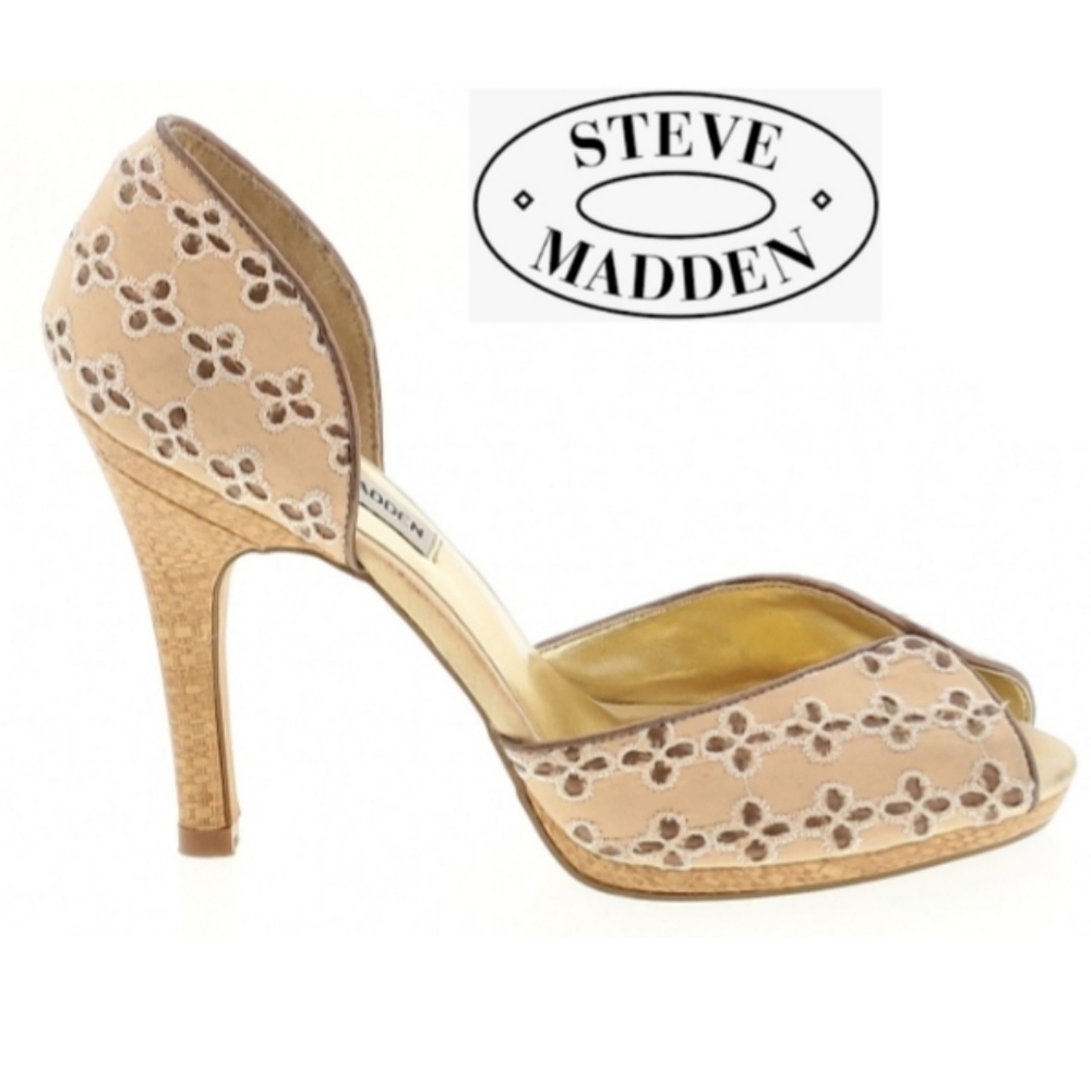 STEVE MADDEN Tan Cloth Open Toed Pumps